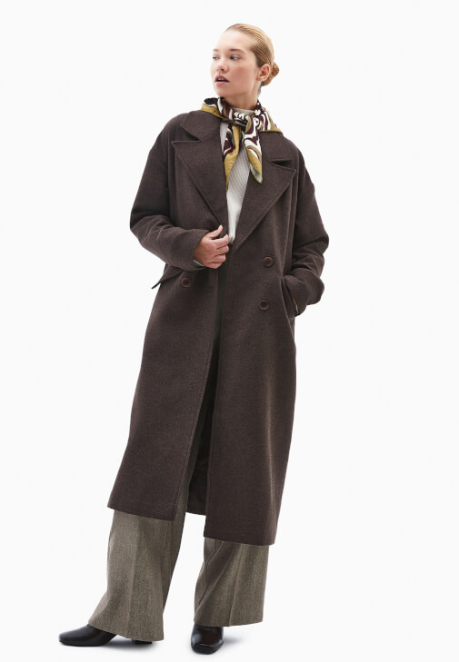 Kahverengi Yün Karışımlı Oversize Kaban