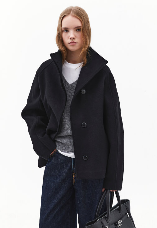 Siyah Yün Karışımlı Oversize Kaban
