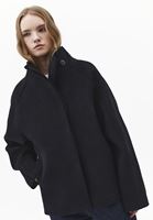 Bayan Siyah Yün Karışımlı Oversize Kaban