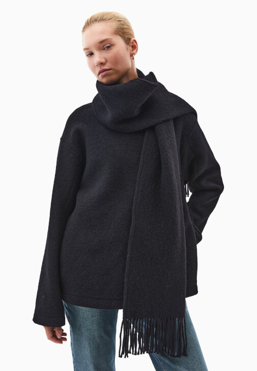 Siyah Yün Karışımlı Oversize Kaban