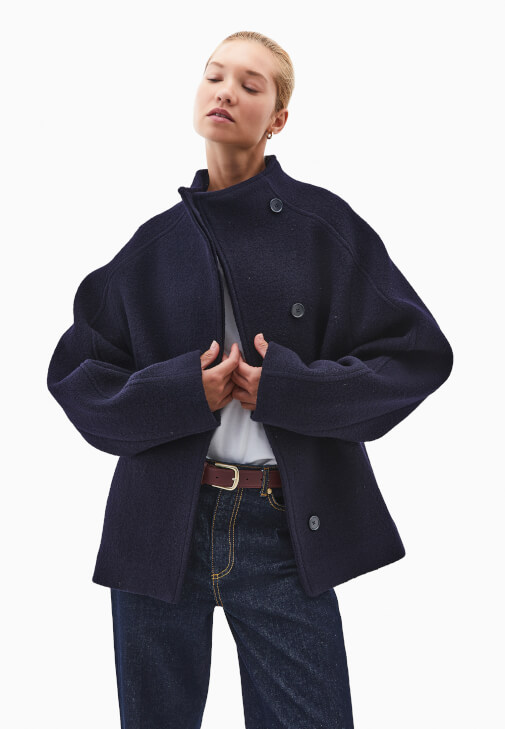 Lacivert Yünlü Oversize Kaban