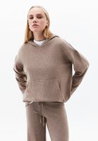 Bayan Bej Yün Karışımlı Kapüşonlu Kazak