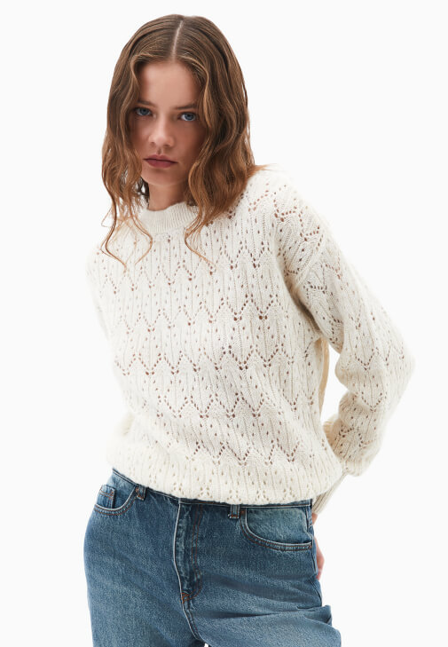 Krem Yün Karışımlı Loose-Fit Kazak