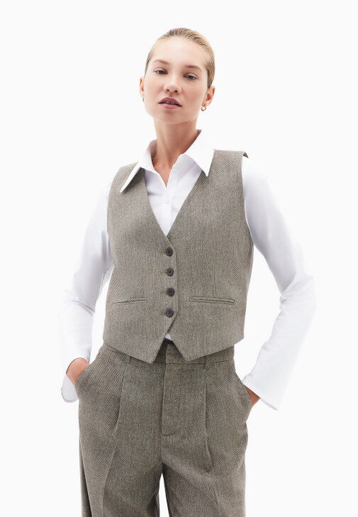 Kahverengi Yün Karışımlı Crop Yelek