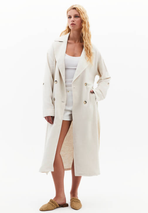 Bej Keten Karışımlı Trençkot