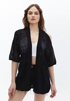 Bayan Siyah Cut-Out Detaylı Ajurlu Hırka