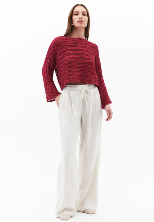 Bot Yaka Ajurlu Kazak ve Keten Pantolon Kombini