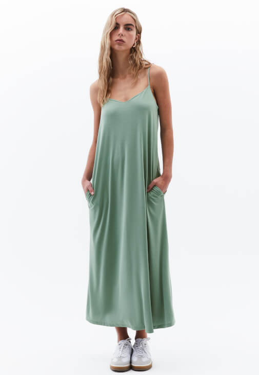 Yeşil Modal Cepli Midi Elbise