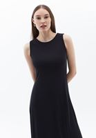 Bayan Siyah Modal Sıfır Yaka Midi Elbise
