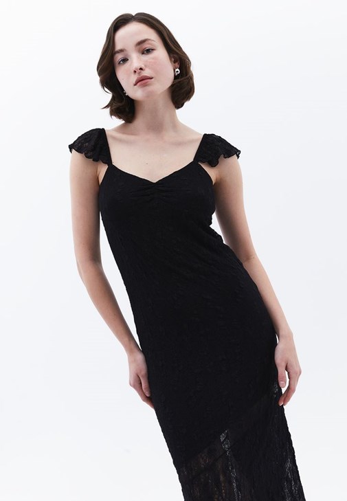 Siyah Volanlı Dantel Elbise