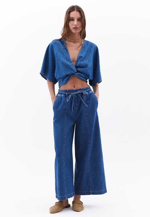 Denim Bluz ve Culotte Denim Pantolon Kombini