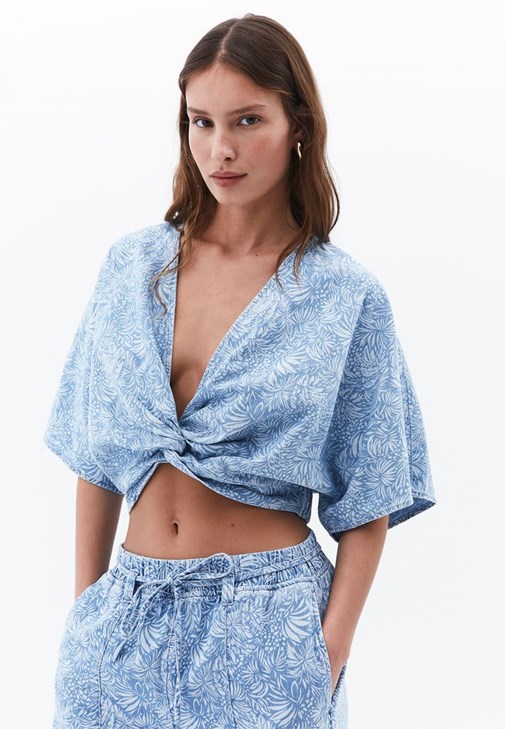 Crop Denim Bluz ve Culotte Pantolon Kombini