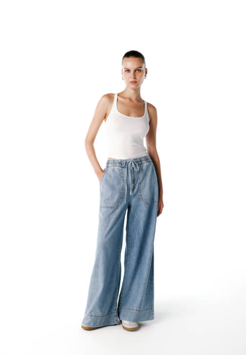 Mavi Yüksek Bel Wide-Leg Pantolon