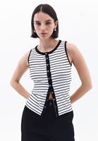 Bayan Beyaz/Siyah Çıtçıt Detaylı Çizgili Atlet