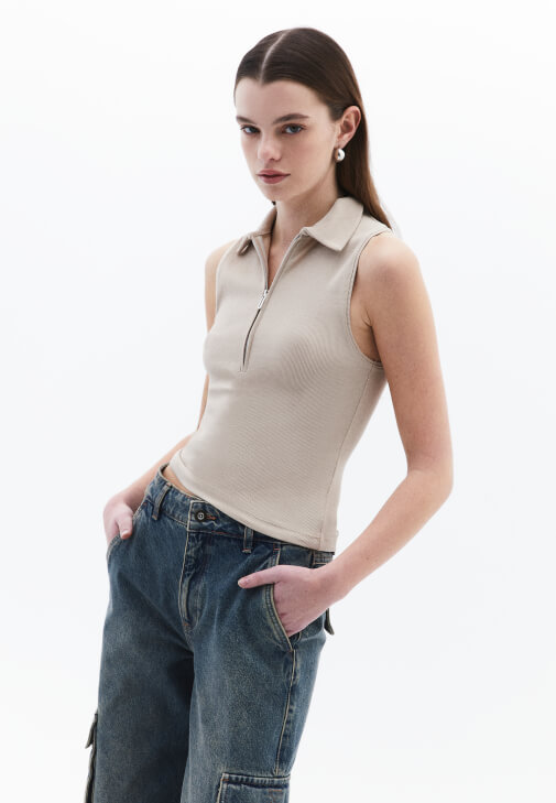 Bej Polo Yaka Fermuarlı Atlet