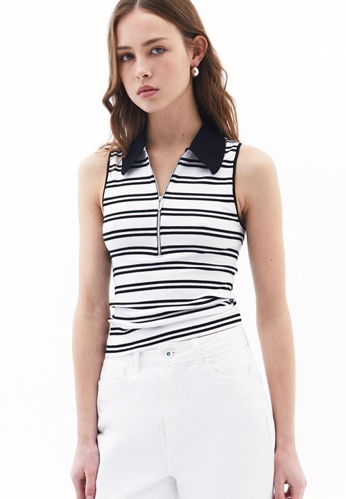 Beyaz/Siyah Fermuarlı Çizgili Atlet