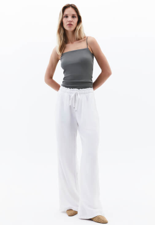 Beyaz Keten Karışımlı Wide-Leg Pantolon