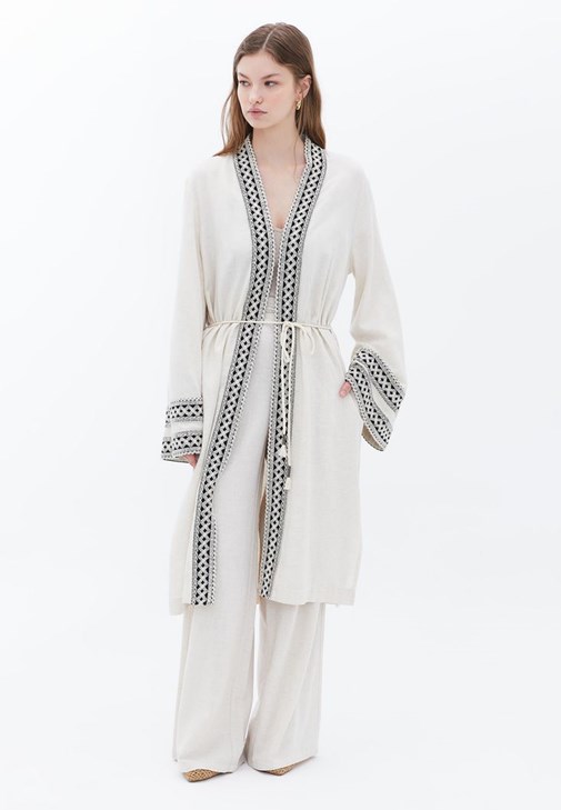 Bej Keten Karışımlı Uzun Kimono