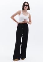 Bayan Siyah Keten Karışımlı Wide-Leg Pantolon