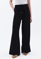 Bayan Siyah Keten Karışımlı Wide-Leg Pantolon