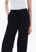 Bayan Siyah Keten Karışımlı Wide-Leg Pantolon