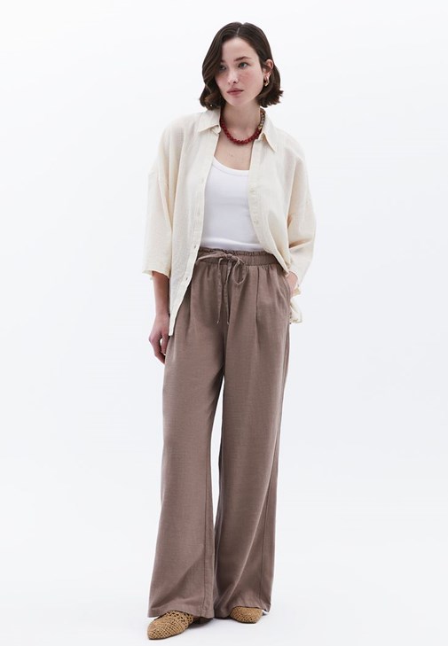 Kahverengi Keten Karışımlı Wide-Leg Pantolon