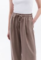 Bayan Kahverengi Keten Karışımlı Wide-Leg Pantolon