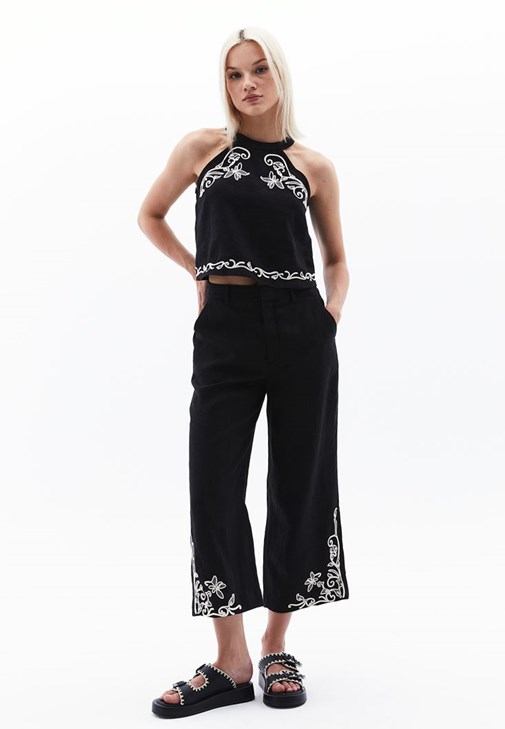 Siyah Keten Ultra Yüksek Bel Pantolon