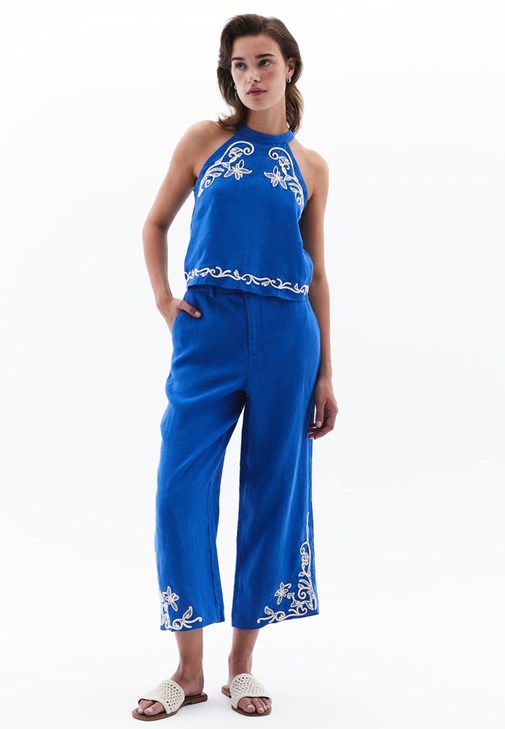 Mavi Keten Ultra Yüksek Bel Pantolon