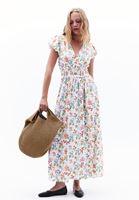 Bayan Çok Renkli Keten Karışımlı Gipeli Uzun Elbise