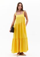 Bayan Sarı Keten Karışımlı Uzun Elbise