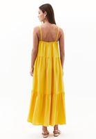 Bayan Sarı Keten Karışımlı Uzun Elbise