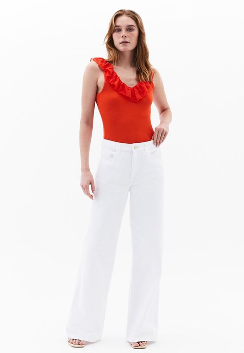 Fırfır Detaylı Atlet ve Wide-Leg Pantolon Kombini