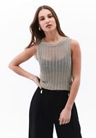 Women Beige Crew Neck Hemstiched Tank
