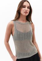 Women Beige Crew Neck Hemstiched Tank