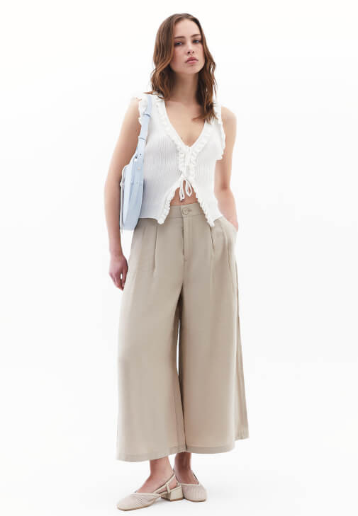 Bej Modal Yüksek Bel Culotte Pantolon