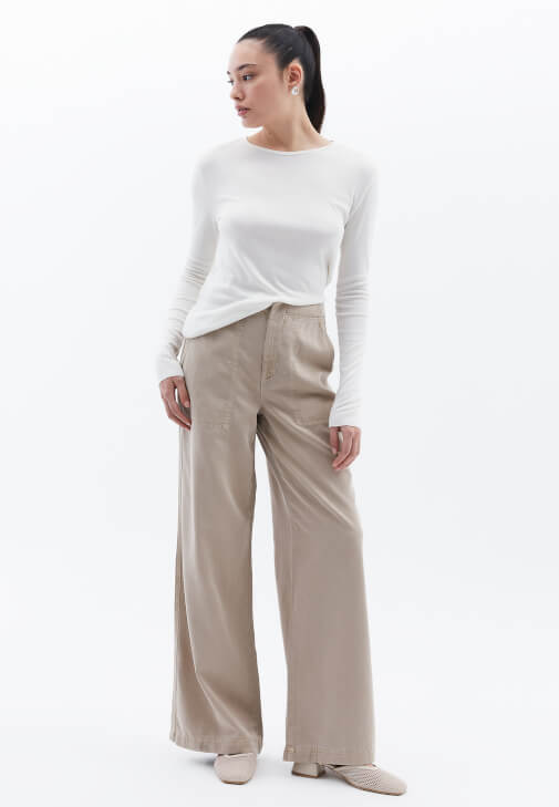 Bej Orta Bel Wide-Leg Pantolon ( TENCEL™ )