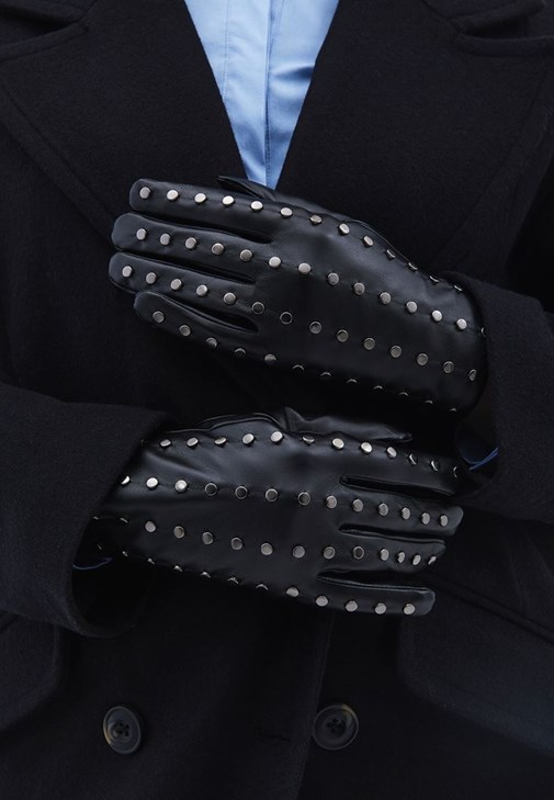 Siyah Vegan Deri Zımba Detaylı Eldiven