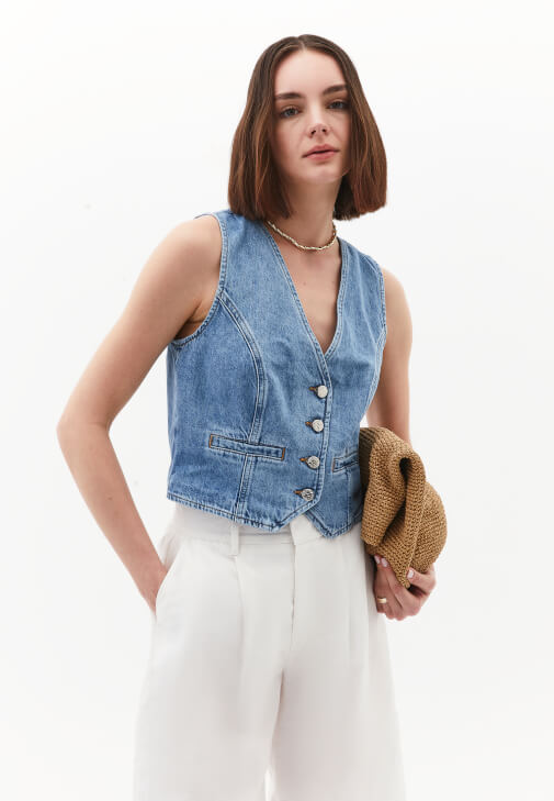 Mavi V Yaka Denim Yelek ( TENCEL™ )