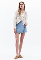 Bayan Krem Kelebek Desenli Crop Bluz