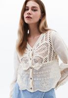 Bayan Krem Kelebek Desenli Crop Bluz