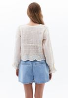 Bayan Krem Kelebek Desenli Crop Bluz