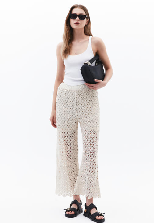 Krem Jakarlı Straight-Fit Pantolon