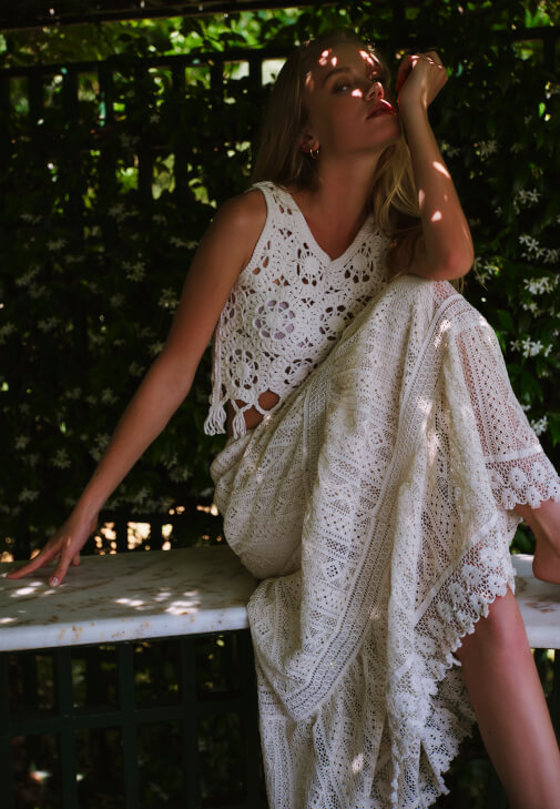 Krem Yüksek Bel Ajurlu Etek