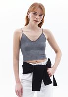 Women Grey V-Neck Seamless Crop Singlet
