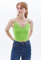 Women Green V-Neck Seamless Crop Singlet