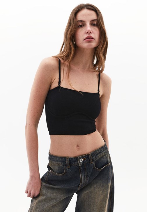 Siyah Askılı Fitil Detaylı Crop Atlet