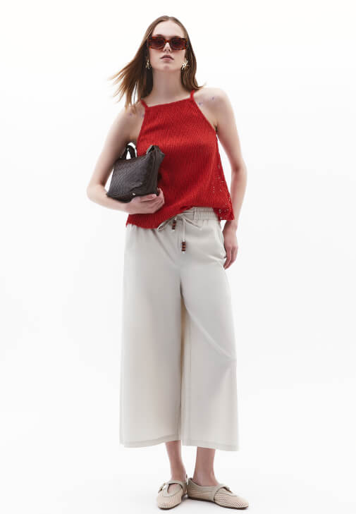 Krem Ultra Yüksek Bel Culotte Pantolon