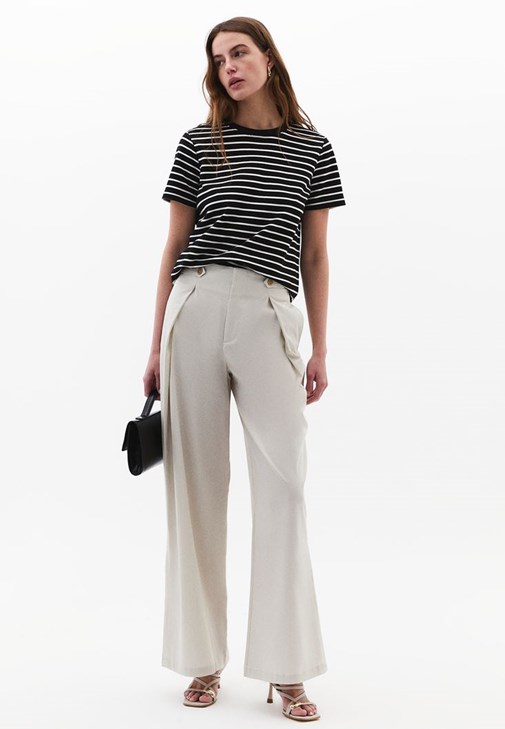 Krem Yüksek Bel Wide-Leg Pantolon