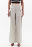 Bayan Krem Yüksek Bel Wide-Leg Pantolon